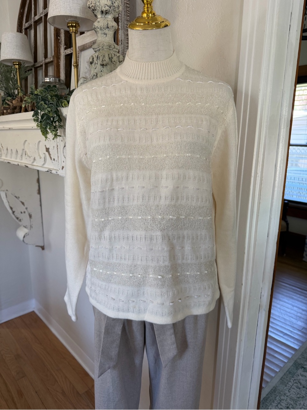 Koret Petites Cream Open-Weave Crewneck Sweater